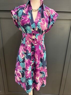 Floral Button-Front Dress in Purple & Teal Size XS 100% SILK